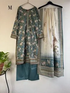 ピュアコットン✼セージグリーン×アイボリーローズ　クルタ3点セット✨