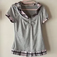 チェック柄切り替え 半袖カットソー SHEIN