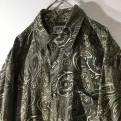【個性派古着】長袖総柄デザインシャツ　ペイズリー　綿100％　オリーブ色　M相当