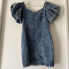 デニム　パフスリーブ　ミニワンピース　バルーン袖