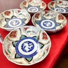 アンティーク　古伊万里　染錦　懐石皿　なます皿　5寸　6客揃　色絵　深鉢 アンティーク 古伊万里 染錦 懐石皿 なます皿 5寸 6客揃 色絵