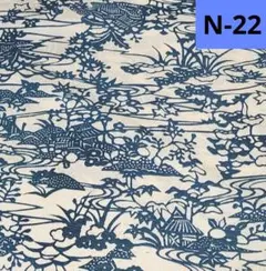 N-22 アイボリー地に青系 風景 着物 はぎれ 生地 素材 リメイク ハギレ