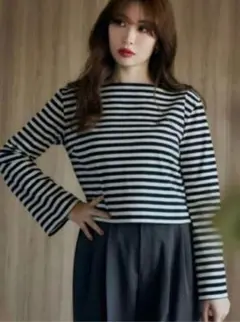 Her lip to❁French Striped Top Tuck Sleeve French Stripe Top