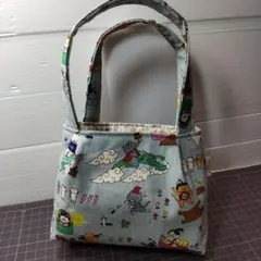 昔話猫柄ぷっくりミニトート