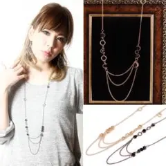 【新品】ストーン ３連 ネックレス ロング アンティーク ブラック×シルバー