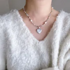 シルバービーズネックレス　ハートモチーフ　ファルファーレ　淡水パールネックレス