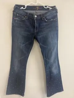 ビーズ装飾付きダークブルーフレアデニム 古着