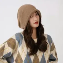 ベージュ無地ニット帽　キャップ 帽子 大きめ防寒 ケア帽子 調整フリーサイズ