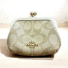 【美品】COACH コーチ ポーチ シグネチャー ベージュ がま口 コインケース