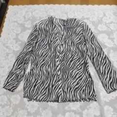 値下☆ヴォーグのゼブラ柄 長袖シースルーシャツ ホワイト/ブラック 前あきボタン