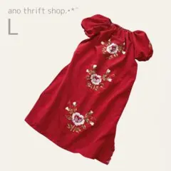 【USA古着】ワンピース　刺繍　パフスリーブ　花柄　ロング　半袖　レッド