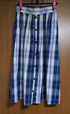 ネイビー系チェック ロングスカート ボタン付き