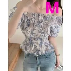 SHEIN フリル付きパフスリーブトップス M スクエアネック オフショル