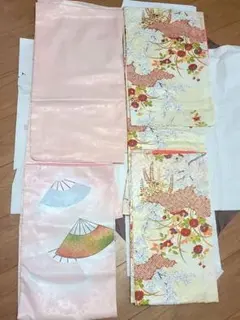 訪問着 ピンク 扇子模様・ クリーム色 花柄