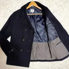 ビューティーユース ウールコート ダブルブレスト 革部分牛革 ネイビー L