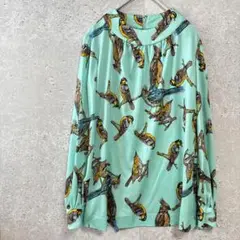 ブラウス 鳥類 鳥柄 ハンドメイド バックジップ グリーン系 かわいい レトロ