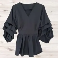 B2058 グレイル ブラウス シャツ(M) フリル 紐リボン ボリューム袖 黒