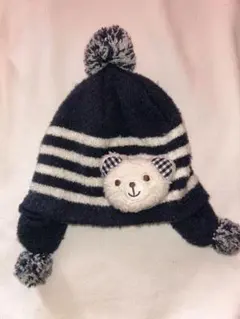 ミキハウス ベビー帽子 S 44-46ネイビーくまさんぽんぽん付