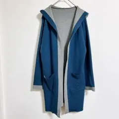 ロングカーディガン フード付 バイカラー ブルー グレー M〜L コーディガン