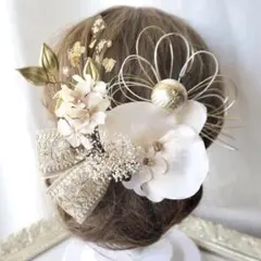 胡蝶蘭和装髪飾り パール胡蝶蘭とリボンの髪飾り 結婚式 卒業式 成人式 七五三