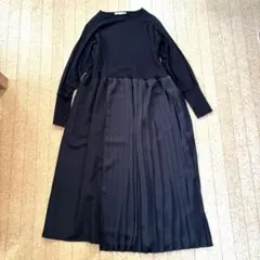 ブラック ロング異素材ワンピース 長袖プリーツ