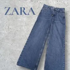 ザラ　ワイドパンツ　デニム　太め　ボタンフライ　皮パッチ　M