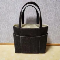 ハンドメイドブラックデニムミニ トートバッグ ベージュドット
