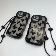 iPhone12proスマホケースブラック韓国ストラップ ハート 蝶々2個セット