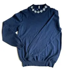 【美品】アースミュージック＆エコロジー 2WAY取り外し衿ビジューニット M 紺
