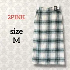 2PINK【M】チェック柄ロングタイトスカート ベルト付き グリーン カジュアル