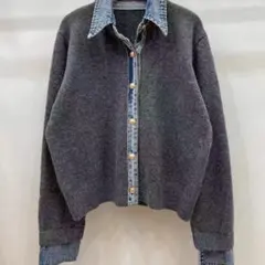 デニム襟 ボタンニットカーディガン チャコール