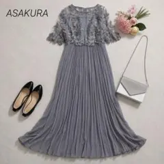 アサクラ/刺繍レース切替え5分袖プリーツロング丈ワンピースドレス/結婚式/38