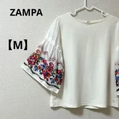 ザンパ【M】フレアスリーブ　カットソー　トップス　刺繍　白　春夏　綿混