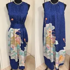 No.174振袖リメイク　ノースリーブロングワンピース&リボン　手描き　金彩