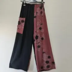 着物リメイク　花柄ポケット付きワイドパンツ　楽ちんパンツ