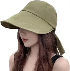 そ　つば広　帽子 カーキ　バックリボン　日焼け防止　折りたたみ 軽量