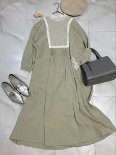 美品 サマンサモスモス ロングワンピース F ライトグリーン レース 刺繍 清楚