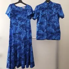 美品 青い葉柄フレア袖ドレスとシャツセット ワンピース L　シャツ M