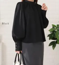 レースレディース ロングカフスギャザーブラウス ブラック F