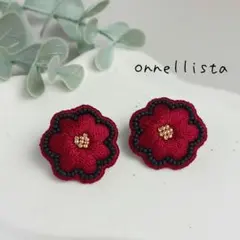 New こっくり秋冬カラー ワインレッド のお花ビーズ刺繍ピアス イヤリング