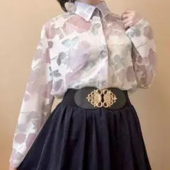 花柄 シースルー ラメシャツブラウス 昭和レトロ ヴィンテージ 一点物 薄紫 白