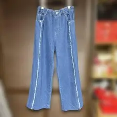 デニムブルー フリンジ付きワイドレッグパンツ
