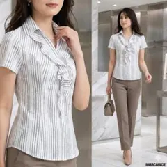 NARACAMICIE ナラカミーチェ【0】フリルブラウス 半袖 ストライプ