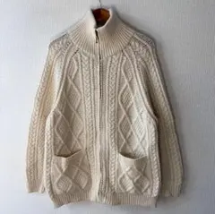 aran crafts メリノウール アラン ジップ カーディガン L ▼中古！