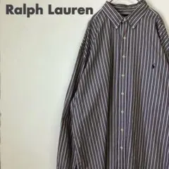 2135 90s ラルフローレン BD シャツ　刺繍　ロゴ　ストライプ　緑