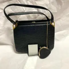 オーストリッチ 本革 ハンドバッグ 黒 がま口 小銭入れ・鏡付き フォーマル