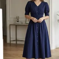 Swingle バイカラー衿パイピングフレンチスリーブシャツワンピース