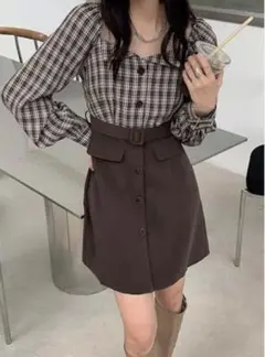 GRL★2Wayベルト付きチェック柄ドッキングワンピース☆M★グレイル