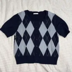 GU アーガイル柄 半袖カーディガン ネイビー/グレー