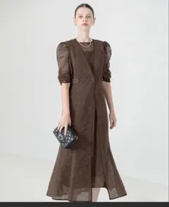 刺繍レースウエストサイド釦マーメイドシルエットジャンスカロング丈ドレス